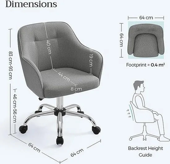 FurnStar - Bureaustoel - Comfortabele Draaistoel - Ergonomische Zitting - In Hoogte Verstelbaar - Belasting 120kg - Stalen Frame - Imitatie Linnen Kantoor - Grijs