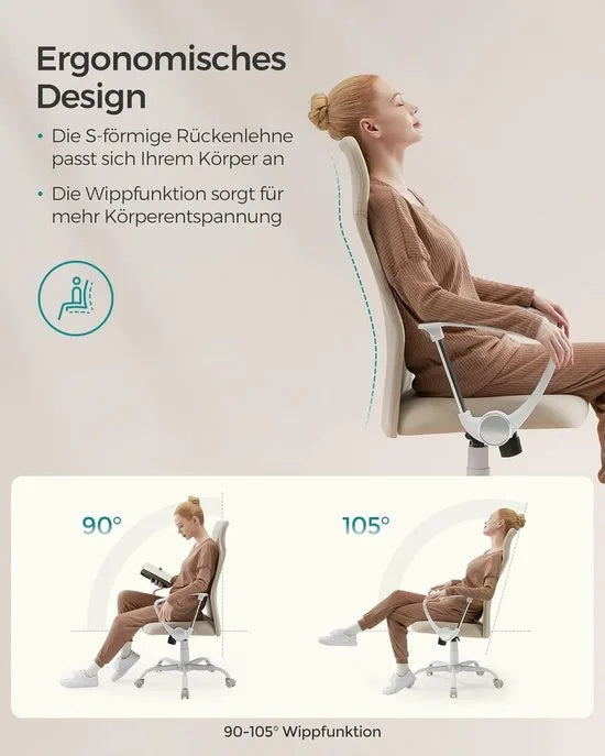 FurnStar Bureaustoel – Ergonomische Draaistoel met Gevoerde Zitting – In Hoogte Verstelbaar & Kantelbaar – Belastbaar tot 120 kg – Grijs – Cappuccino-beige