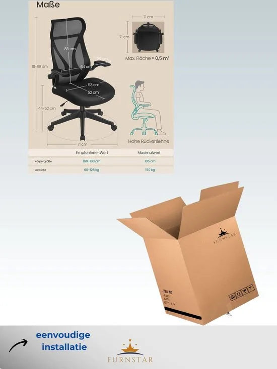FurnStar - Bureaustoel - ergonomische rugleuning - in hoogte verstelbaar - opklapbare armleuningen - draaistoel met hoofdsteun - tot 150 kg belastbaar - inktzwart