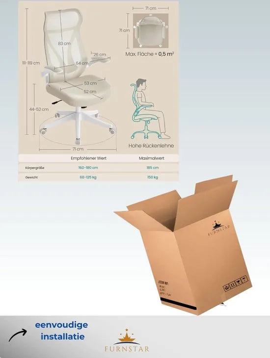 FurnStar - Bureaustoel - ergonomische rugleuning - in hoogte verstelbaar - opklapbare armleuningen - draaistoel met hoofdsteun - tot 150 kg belastbaar - inktzwart – Cappuccinobeige