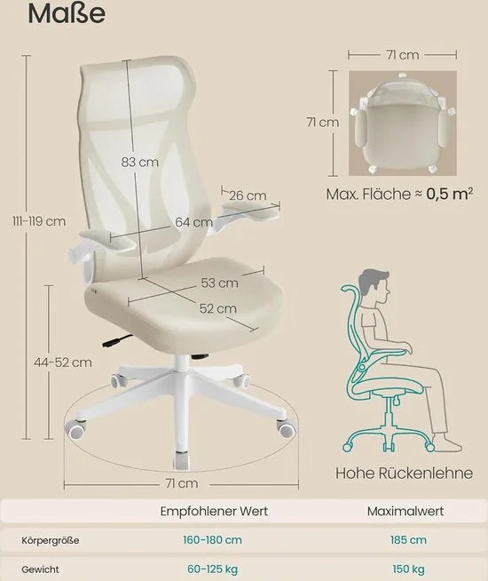 FurnStar - Bureaustoel - ergonomische rugleuning - in hoogte verstelbaar - opklapbare armleuningen - draaistoel met hoofdsteun - tot 150 kg belastbaar - inktzwart – Cappuccinobeige