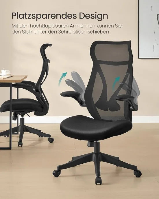 FurnStar - Bureaustoel - ergonomische rugleuning - in hoogte verstelbaar - opklapbare armleuningen - draaistoel met hoofdsteun - tot 150 kg belastbaar - inktzwart