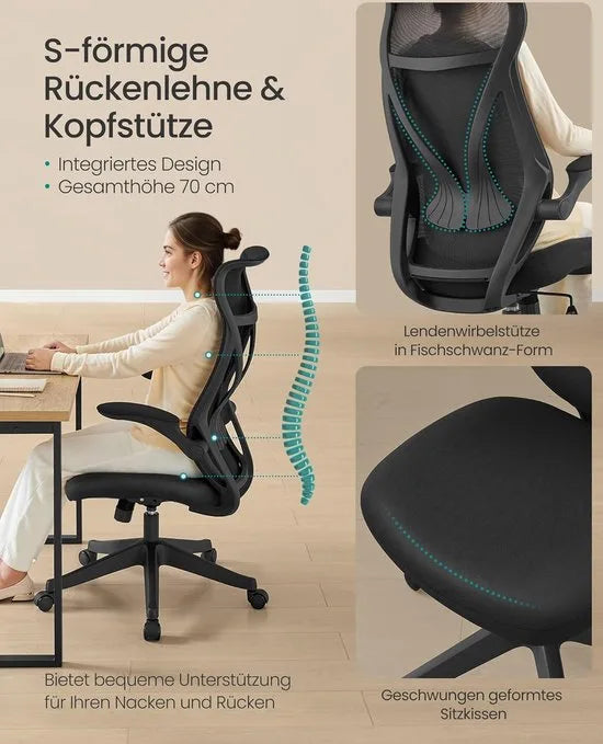 FurnStar - Bureaustoel - ergonomische rugleuning - in hoogte verstelbaar - opklapbare armleuningen - draaistoel met hoofdsteun - tot 150 kg belastbaar - inktzwart