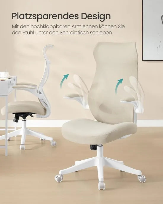 FurnStar - Bureaustoel - ergonomische rugleuning - in hoogte verstelbaar - opklapbare armleuningen - draaistoel met hoofdsteun - tot 150 kg belastbaar - inktzwart – Cappuccinobeige