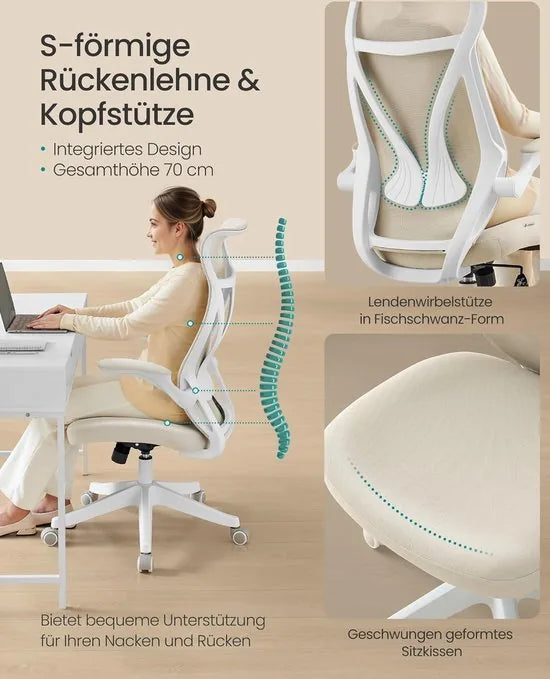 FurnStar - Bureaustoel - ergonomische rugleuning - in hoogte verstelbaar - opklapbare armleuningen - draaistoel met hoofdsteun - tot 150 kg belastbaar - inktzwart – Cappuccinobeige