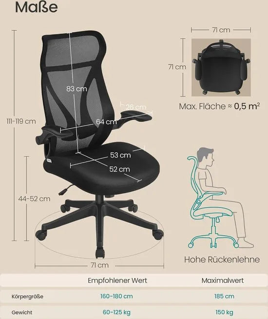 FurnStar - Bureaustoel - ergonomische rugleuning - in hoogte verstelbaar - opklapbare armleuningen - draaistoel met hoofdsteun - tot 150 kg belastbaar - inktzwart