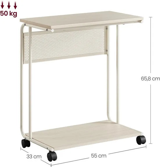 Furnstar C-Vormige Bijzettafel – Met Wieltjes – 55 x 24 x 66 cm – Multifunctioneel Laptop- & Sofa Tafel – Industrieel Design – Crème Wit
