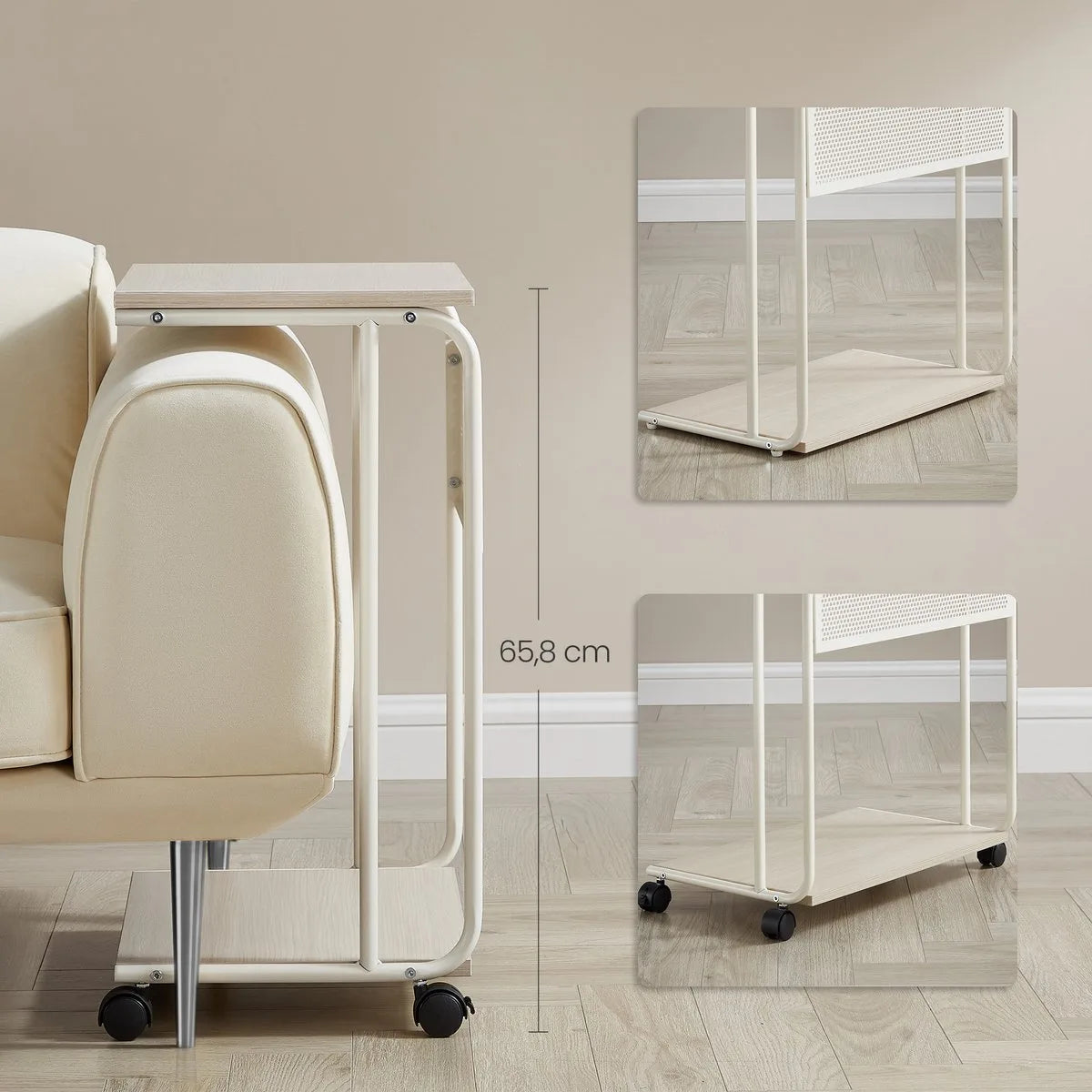 Furnstar C-Vormige Bijzettafel – Met Wieltjes – 55 x 24 x 66 cm – Multifunctioneel Laptop- & Sofa Tafel – Industrieel Design – Crème Wit