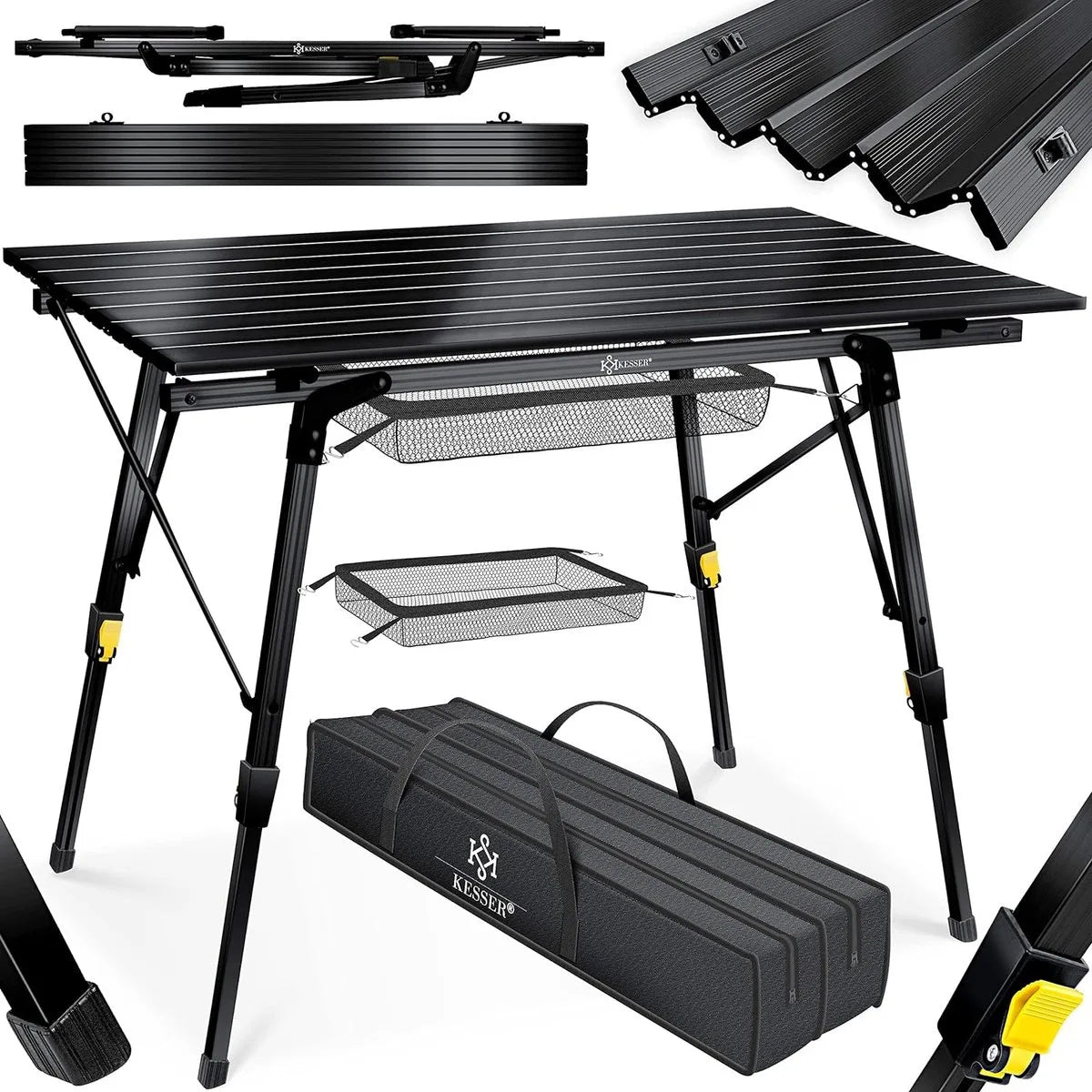 FurnStar - Campingtafel - Klaptafel - Campingtafel Met Aluminium Frame - In Hoogte Verstelbaar - Inclusief Draagtas Met Riem - 90 X 53 Cm - Zilver – Zwart
