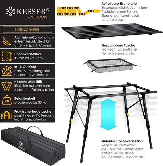 FurnStar - Campingtafel - Klaptafel - Campingtafel Met Aluminium Frame - In Hoogte Verstelbaar - Inclusief Draagtas Met Riem - 90 X 53 Cm - Zilver – Zwart