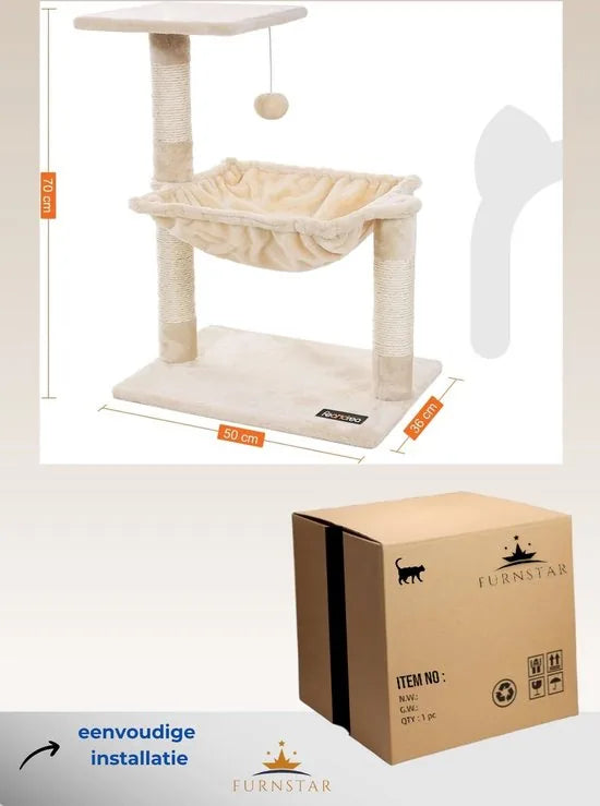 FurnStar - Cats Climb Tree - Stabiele kattenboom met pluche en zachte hangmat - 50L x 36W x 70H cm - Beige