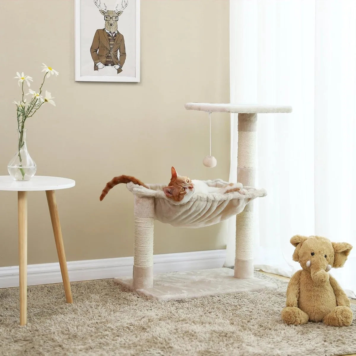 FurnStar - Cats Climb Tree - Stabiele kattenboom met pluche en zachte hangmat - 50L x 36W x 70H cm - Beige