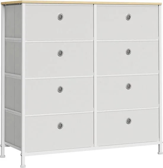 FurnStar Commode – Opbergkast met 8 stoffen laden – Metalen frame en tafelblad – Voor kledingkast of woonkamer – Lichtgrijs/Wit – Crèmewit-eiken