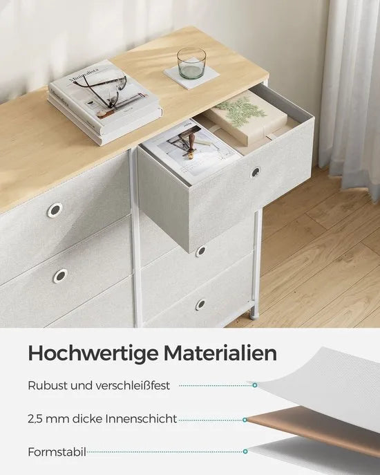 FurnStar Commode – Opbergkast met 8 stoffen laden – Metalen frame en tafelblad – Voor kledingkast of woonkamer – Lichtgrijs/Wit – Crèmewit-eiken