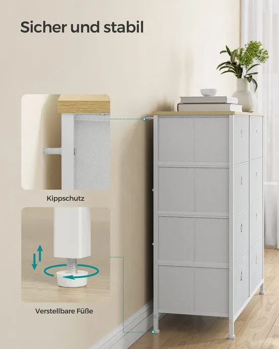 FurnStar Commode – Opbergkast met 8 stoffen laden – Metalen frame en tafelblad – Voor kledingkast of woonkamer – Lichtgrijs/Wit – Crèmewit-eiken