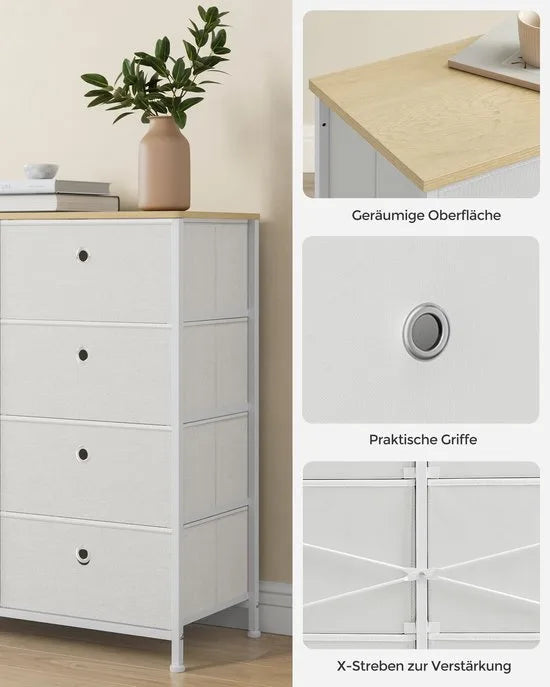 FurnStar Commode – Opbergkast met 8 stoffen laden – Metalen frame en tafelblad – Voor kledingkast of woonkamer – Lichtgrijs/Wit – Crèmewit-eiken