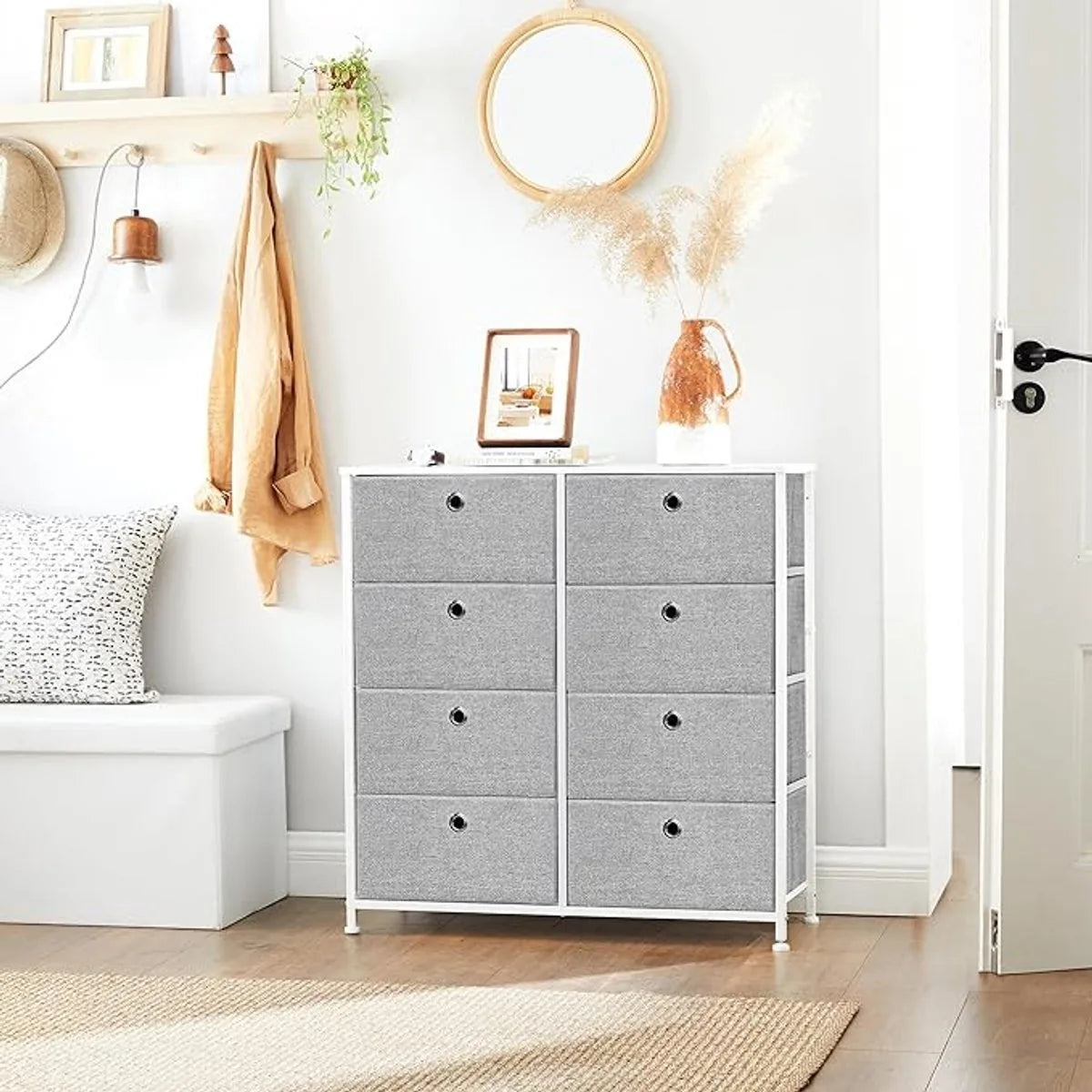FurnStar Commode – Opbergkast met 8 stoffen laden – Metalen frame en tafelblad – Voor kledingkast of woonkamer – Lichtgrijs/Wit