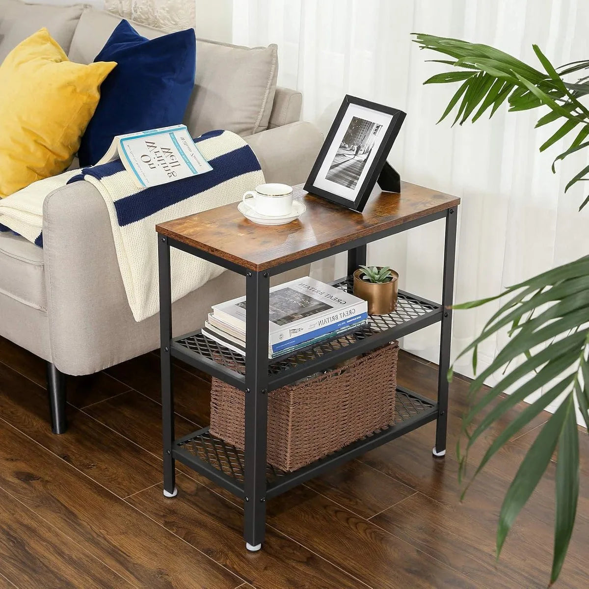 Furnstar Console Tafel - Bijzettafel - Deco Tafel met 2 Rasterplanken - Salontafel voor Gang, Woonkamer, Slaapkamer, Kantoor - Stabiel, Ruimtebesparend, Eenvoudige Montage - Vintage Donkerbruin
