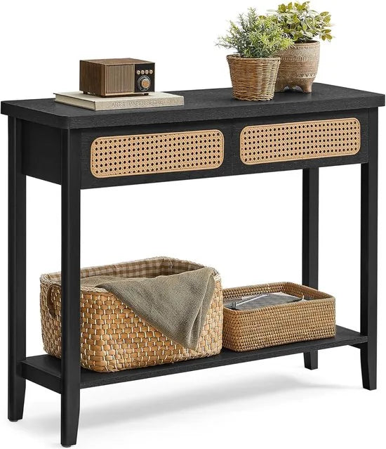 Furnstar Consoletafel – Haltafel met 2 Laden & Open Plank – Smalle Banktafel voor Hal of Woonkamer – Boho-Stijl – Afgeronde Hoeken – Zwart - LNT016B21