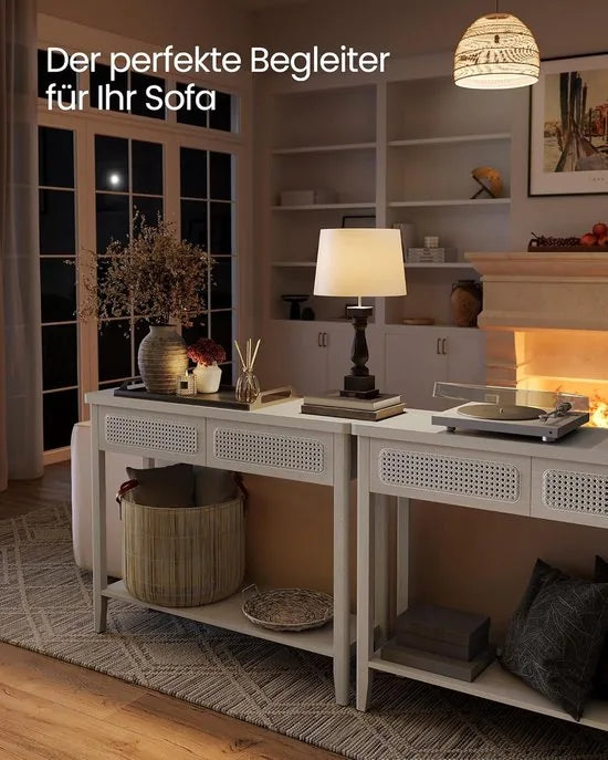 Furnstar Consoletafel – Haltafel met 2 Laden & Open Plank – Smalle Banktafel voor Hal of Woonkamer – Boho-Stijl – Afgeronde Hoeken – Beige - LNT016K66