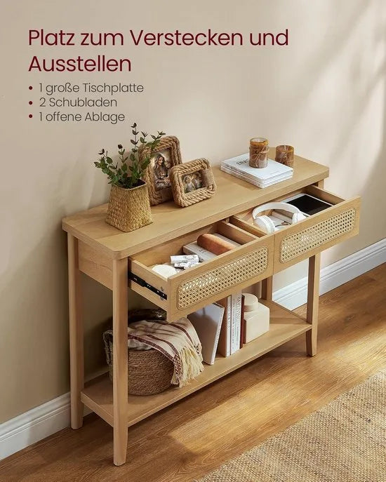 Furnstar Consoletafel – Haltafel met 2 Laden & Open Plank – Smalle Banktafel voor Hal of Woonkamer – Boho-Stijl – Afgeronde Hoeken – Grenenhout – LNT016Y57