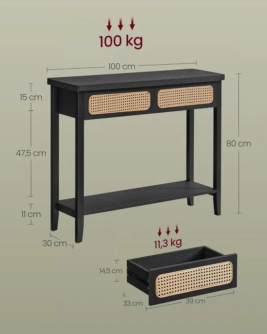 Furnstar Consoletafel – Haltafel met 2 Laden & Open Plank – Smalle Banktafel voor Hal of Woonkamer – Boho-Stijl – Afgeronde Hoeken – Zwart - LNT016B21