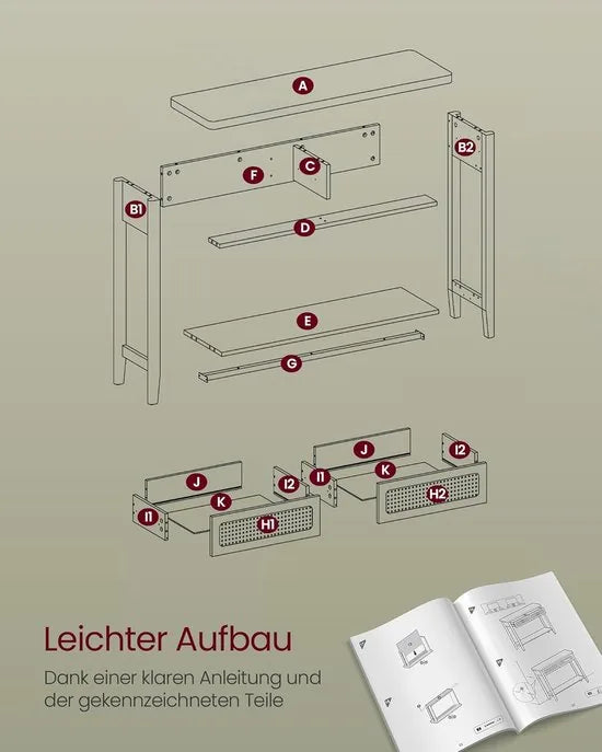 Furnstar Consoletafel – Haltafel met 2 Laden & Open Plank – Smalle Banktafel voor Hal of Woonkamer – Boho-Stijl – Afgeronde Hoeken – Zwart - LNT016B21