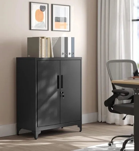 FurnStar Dossierkast - Multifunctionele kast - Kantoorkast met 2 deuren - Kast afsluitbaar - Opbergkast van staal - Voor werkkamer - Woonkamer - 40D x 80B x 90H cm - Inktzwart