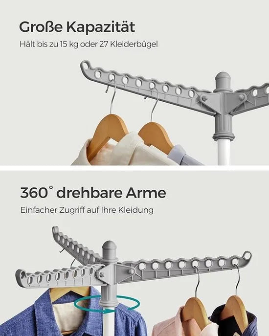 FurnStar Droogrek - Droogmolen met 3 Draaibare Armen - 4 Poten - Voor Binnen - Roestvrij Staal - Voor Maximaal 27 Kledingstukken - 150 cm Hoog - Wit-Zilver LLR510W01 – Grijs -wit