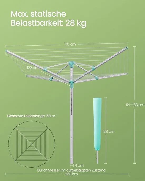 Furnstar Droogrek in hoogte verstelbaar 50 m waslijn voor 5 wasmachineladingen outdoor tuin met bodemhuls wasknijpers zilver-groen LLR301E01