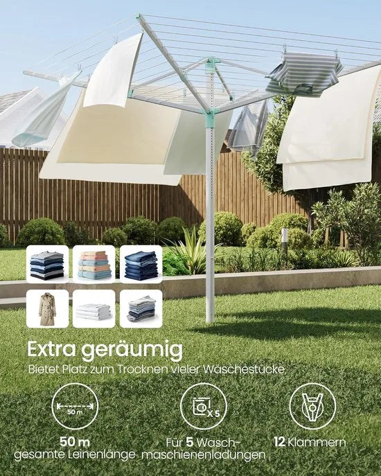 Furnstar Droogrek in hoogte verstelbaar 50 m waslijn voor 5 wasmachineladingen outdoor tuin met bodemhuls wasknijpers zilver-groen LLR301E01