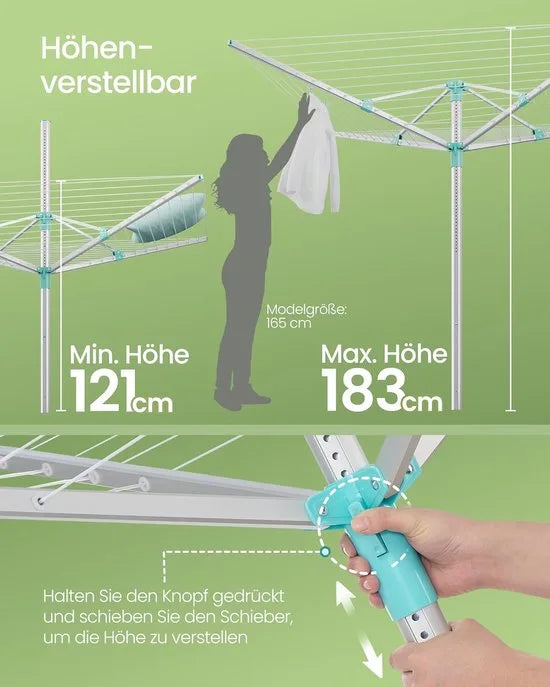 Furnstar Droogrek in hoogte verstelbaar 50 m waslijn voor 5 wasmachineladingen outdoor tuin met bodemhuls wasknijpers zilver-groen LLR301E01