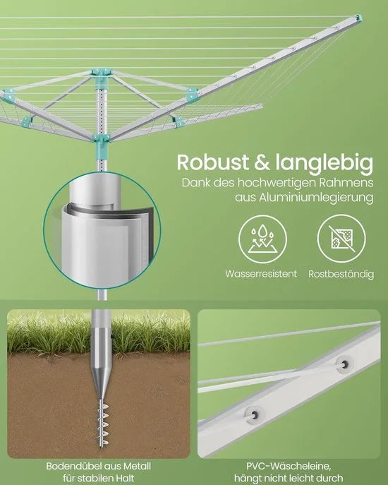Furnstar Droogrek in hoogte verstelbaar 50 m waslijn voor 5 wasmachineladingen outdoor tuin met bodemhuls wasknijpers zilver-groen LLR301E01