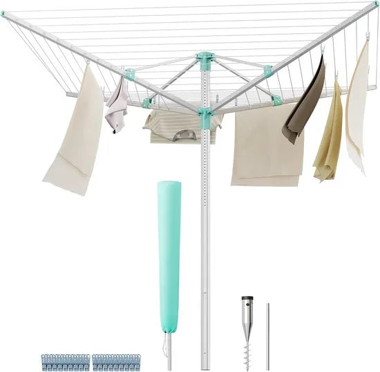 Furnstar - Droogrek in hoogte verstelbaar 60 m waslijn voor 6 wasmachineladingen outdoor tuin met bodemhuls wasknijpers zilver-groen LLR302E01
