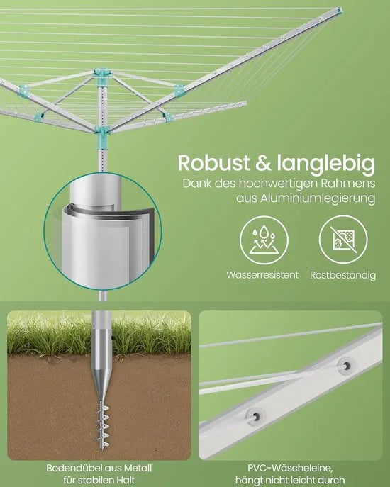 Furnstar - Droogrek in hoogte verstelbaar 60 m waslijn voor 6 wasmachineladingen outdoor tuin met bodemhuls wasknijpers zilver-groen LLR302E01