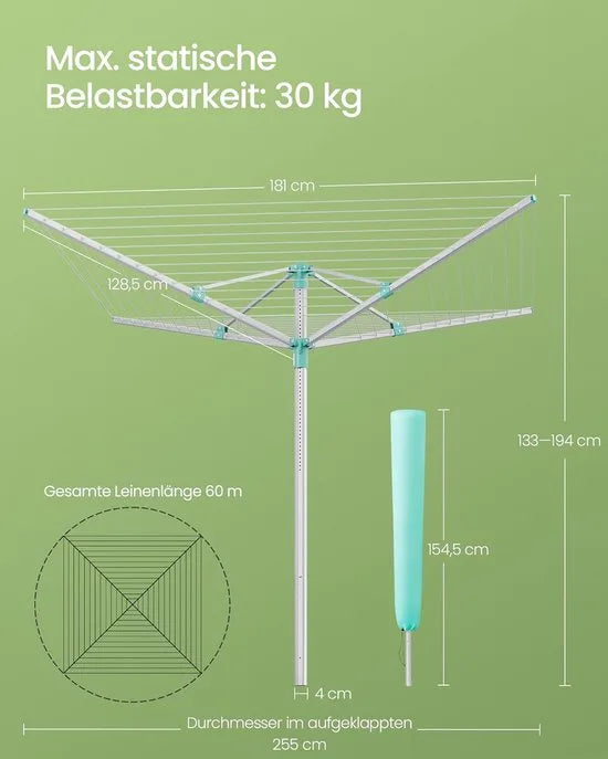 Furnstar - Droogrek in hoogte verstelbaar 60 m waslijn voor 6 wasmachineladingen outdoor tuin met bodemhuls wasknijpers zilver-groen LLR302E01
