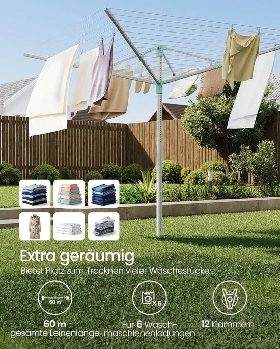 Furnstar - Droogrek in hoogte verstelbaar 60 m waslijn voor 6 wasmachineladingen outdoor tuin met bodemhuls wasknijpers zilver-groen LLR302E01