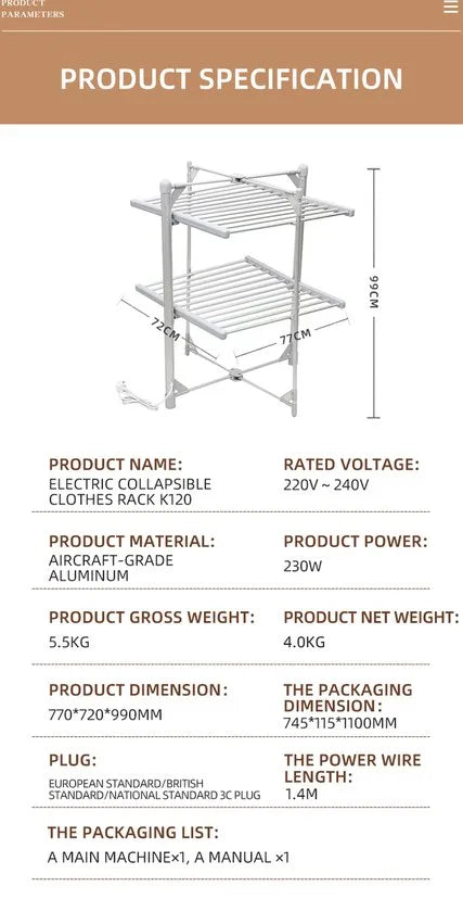 FurnStar - Droogrek K120 - Elektrische droogrek - Verwarmde Wasrek - ‎Droogrek met Verwarming - 72 x 77 x 99 cm - Grijs