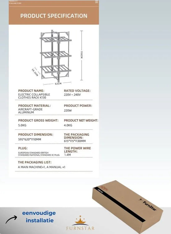 FurnStar - Droogrek K130 - Elektrische droogrek - Verwarmde Wasrek - ‎Droogrek met Verwarming - 59.5 x 62 x 110 cm - Grijs