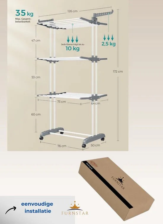 FurnStar - Drying Rack - Standing Drying Rack - 4 levels - Wing Washing Rack - Folding Wings - With Wheels - 64 x 126 x 172 CM