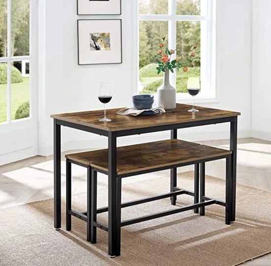 FurnStar - Eettafel Set - Keukentafel Set -110 x 70 x 75 cm - met 2 banken elk 97 x 30 x 50 cm, metalen frame, voor keuken, woonkamer, eetkamer, industrieel ontwerp, vintage bruin-zwart
