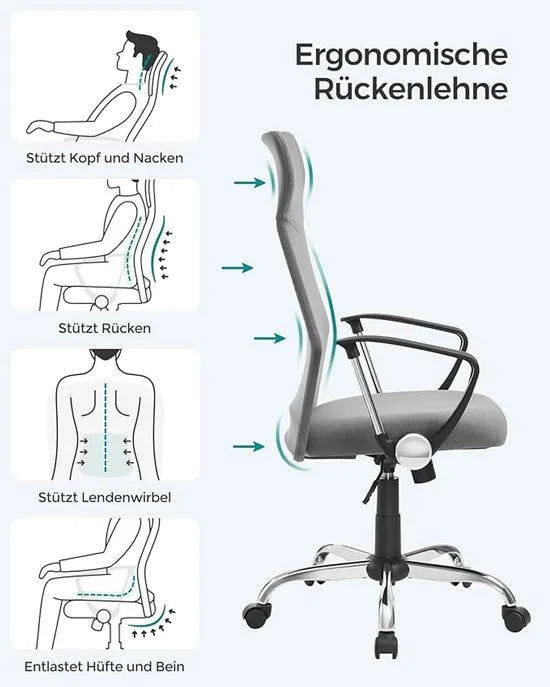 Furnstar Ergonomische Bureaustoel – Draaistoel met Gevoerde Zitting – In Hoogte Verstelbaar & Kantelbaar – Tot 120 kg – Grijs