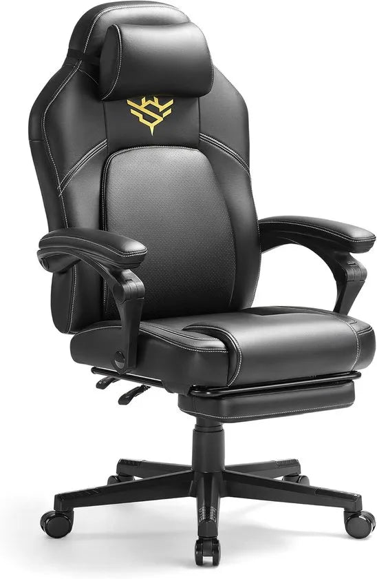 FurnStar - Gaming-stoel - Ergonomische computerstoel met voetensteun - Bureaustoel - draaistoel met kussen - PU - in hoogte verstelbaar - 70 x 70 x (119-129) cm - inktzwart