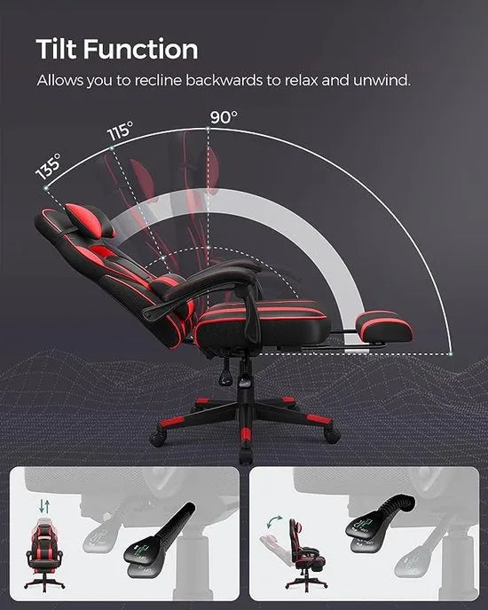 FurnStar - Gamingstoel - Bureaustoel Met Voetensteun - Bureaustoel Met Hoofdsteun En Lendenkussen - In Hoogte Verstelbaar - Ergonomisch - 90-135° Kantelhoek - Belastbaar Tot 150 kg - Zwart-Rood