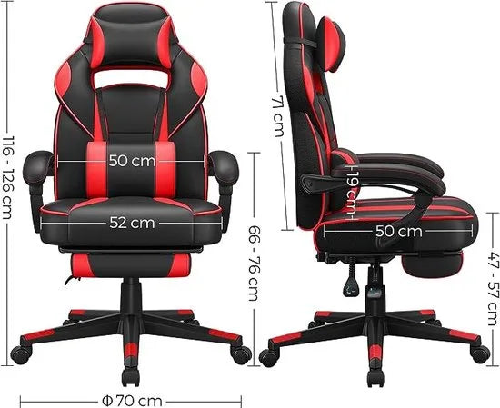 FurnStar - Gamingstoel - Bureaustoel Met Voetensteun - Bureaustoel Met Hoofdsteun En Lendenkussen - In Hoogte Verstelbaar - Ergonomisch - 90-135° Kantelhoek - Belastbaar Tot 150 kg - Zwart-Rood
