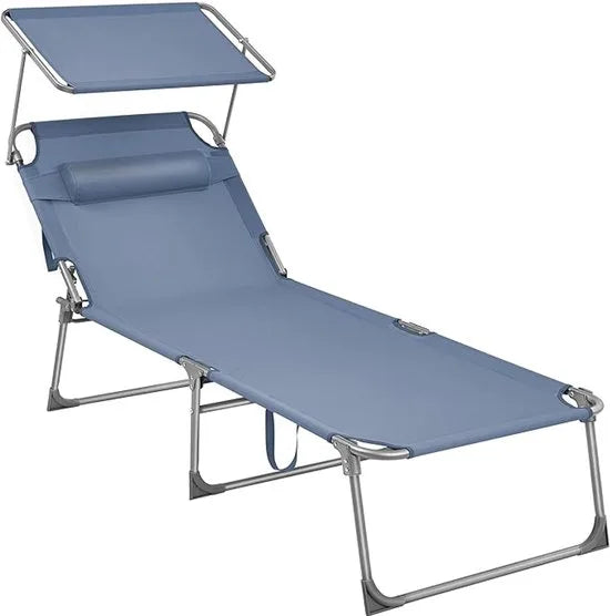 FurnStar - Grote Zonnestoel - Inklapbare Ligstoel - 71 x 200 x 38 cm - Belastbaarheid 150 kg - Met Zonwering, Hoofdsteun en Verstelbare Rugleuning - Voor Tuin, Zwembad, Terras - Blauw