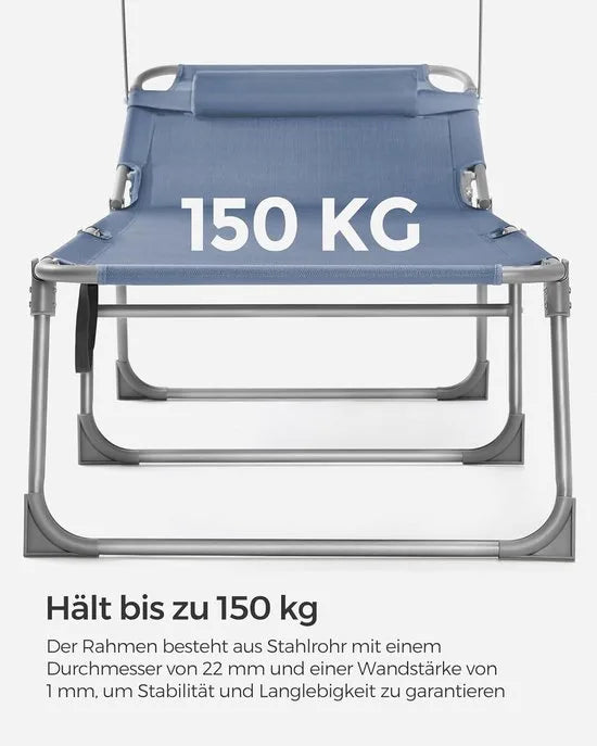FurnStar - Grote Zonnestoel - Inklapbare Ligstoel - 71 x 200 x 38 cm - Belastbaarheid 150 kg - Met Zonwering, Hoofdsteun en Verstelbare Rugleuning - Voor Tuin, Zwembad, Terras - Blauw