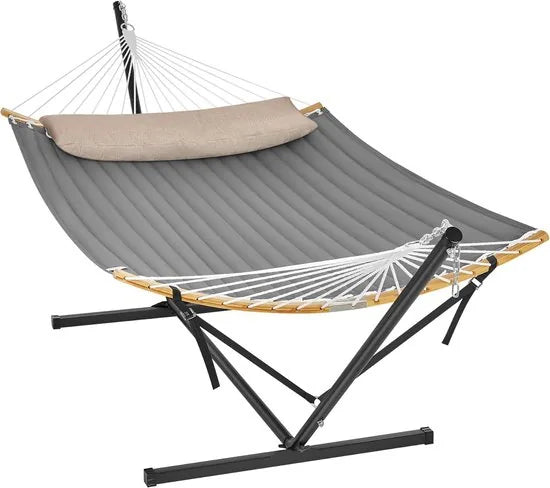 Furnstar Hangmat met Frame - Metalen Hangmatstandaard - Dubbele Halterstang - Met Kussen - Tot 200 kg Belastbaar - Grijs hangmat GHS002G01