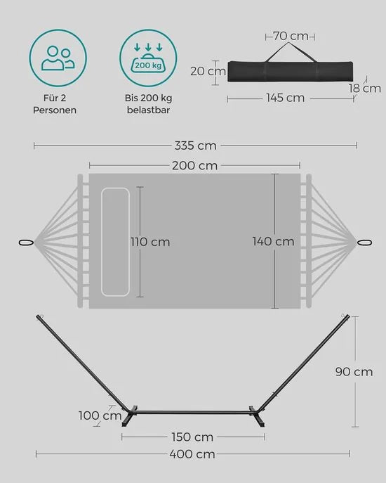 Furnstar Hangmat met Frame - Metalen Hangmatstandaard - Dubbele Halterstang - Met Kussen - Tot 200 kg Belastbaar - Grijs hangmat GHS002G01