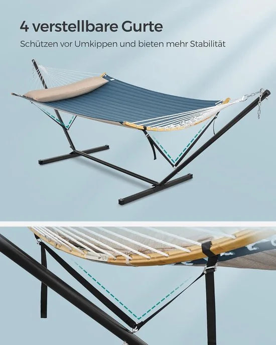 Furnstar Hangmat met Frame - Metalen Hangmatstandaard - Dubbele Halterstang - Met Kussen - Tot 200 kg Belastbaar - Blauwe hangmat GHS002Q01